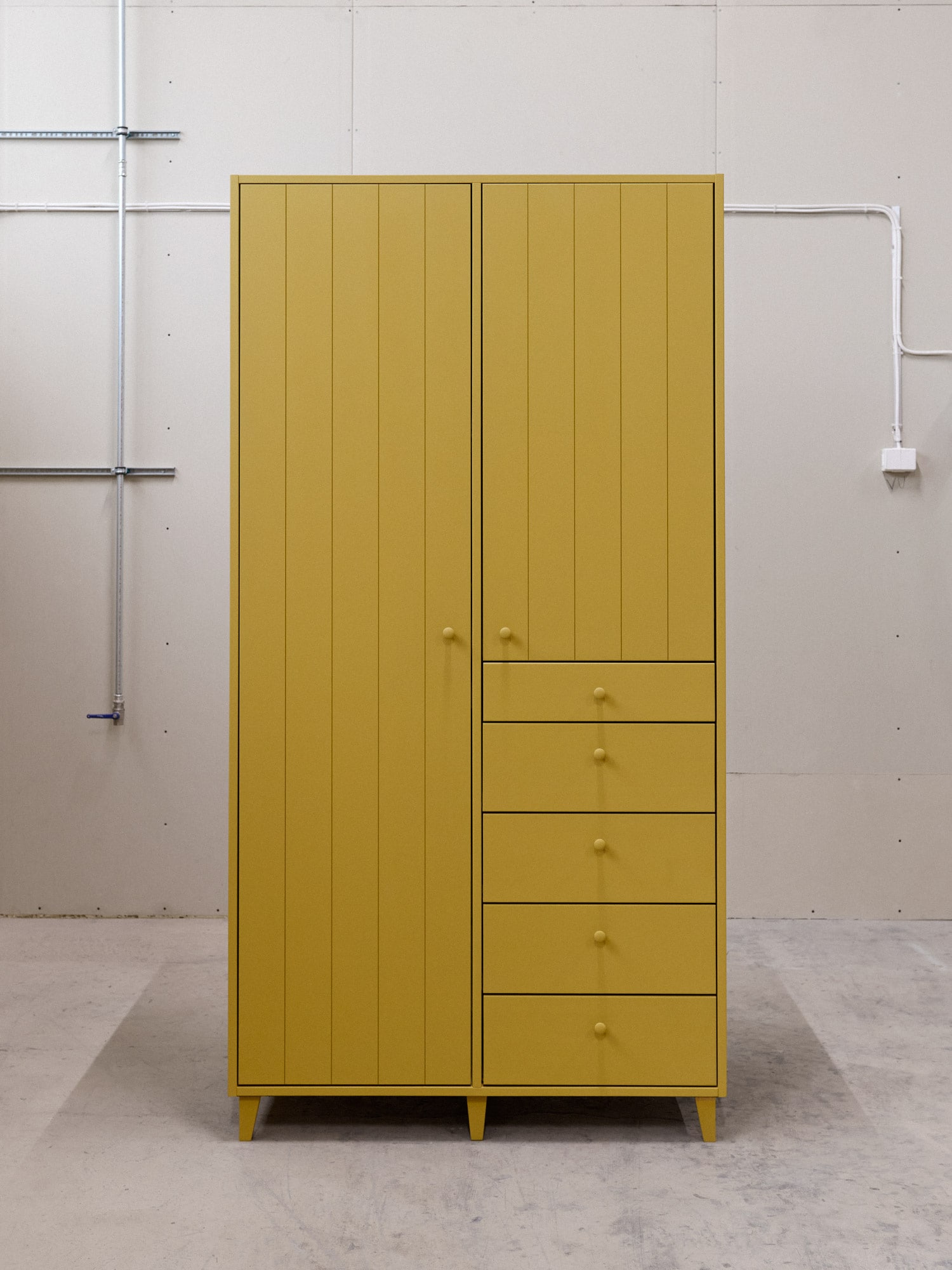 wardrobe with doors and drawers, painted with yellow egg-and-oil tempera