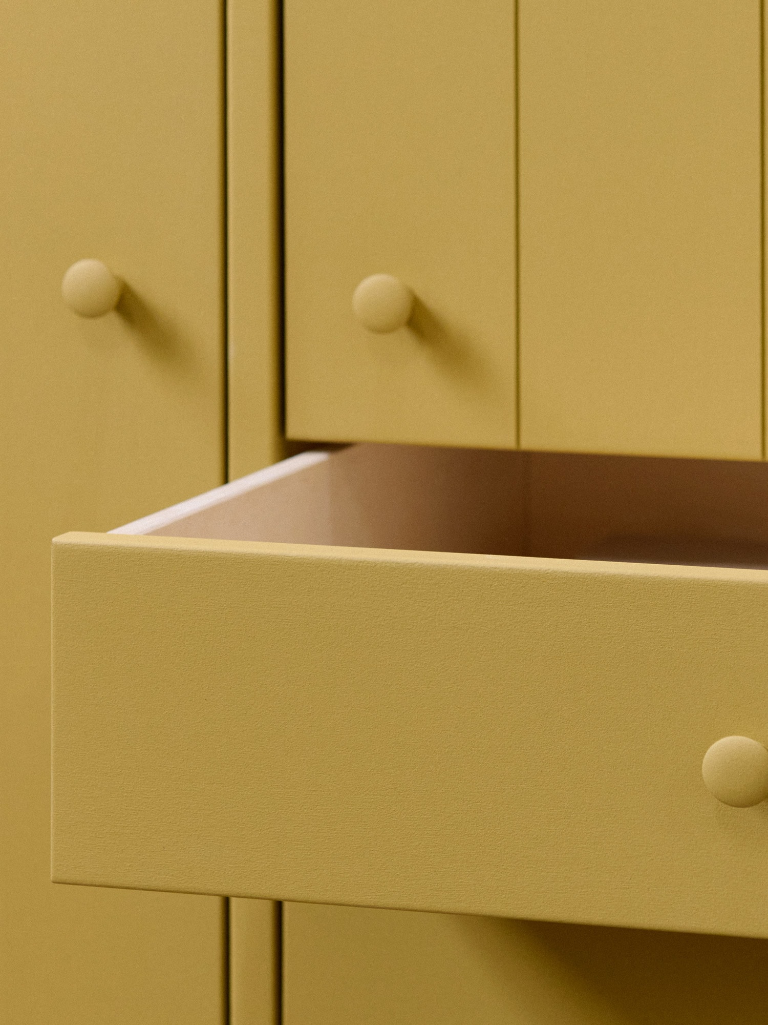 wardrobe with open doors, painted with yellow egg-and-oil tempera solid throughout